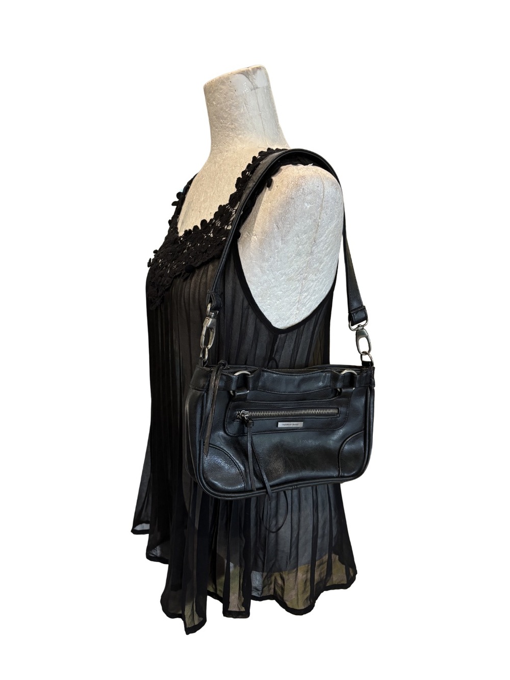 Victoria's Secret Y2K Black Faux Leather Baguette Shoulder Bag Pink Lining